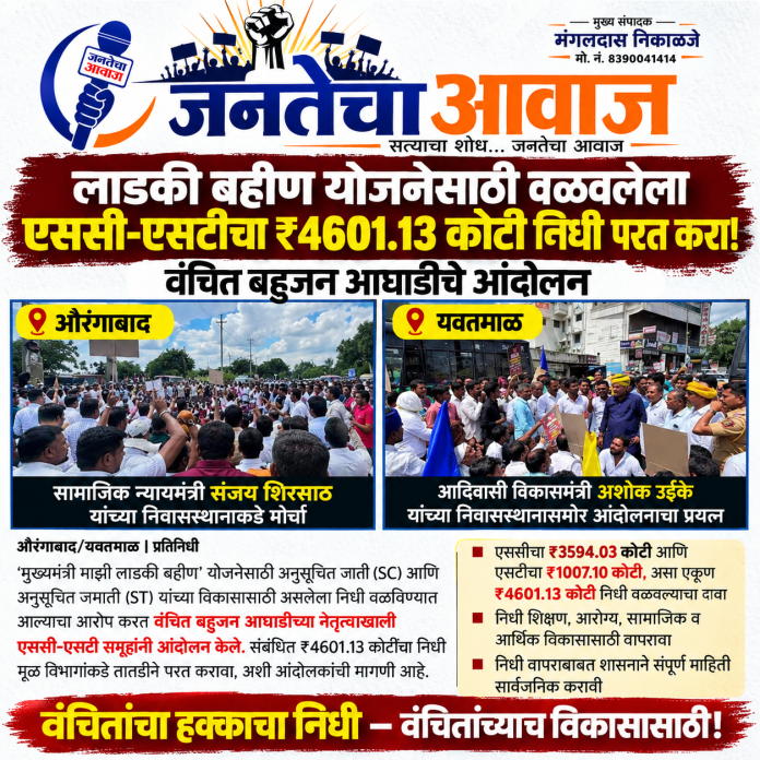 लाडकी बहीण योजनेसाठी वळवलेला एससी-एसटीचा ₹४६०१.१३ कोटी निधी परत करा; वंचित बहुजन आघाडीचे आंदोलन
