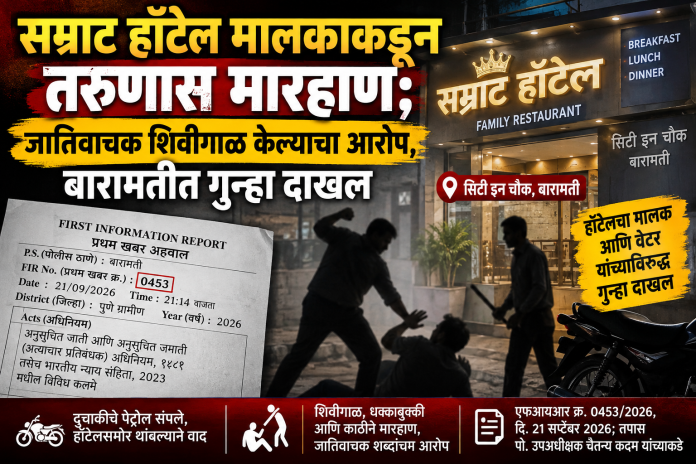 सम्राट हॉटेल मालकाकडून तरुणास मारहाण; जातिवाचक शिवीगाळ केल्याचा आरोप, बारामतीत गुन्हा दाखल