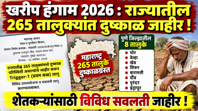 खरीप हंगाम २०२६ : राज्यातील २६५ तालुक्यांत दुष्काळ जाहीर; पुणे जिल्ह्यातील ८ तालुक्यांचा समावेश