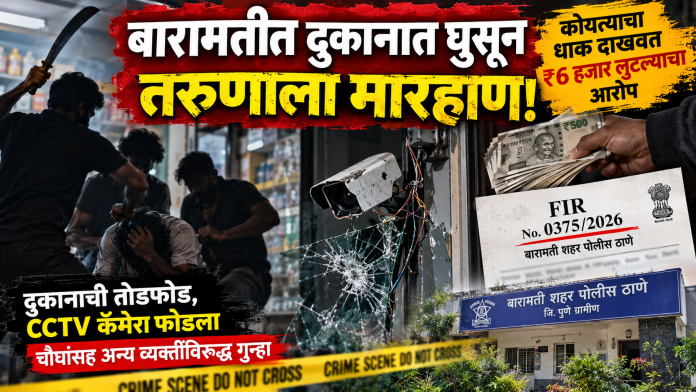 🚨 बारामतीत तरुणाच्या दुकानात घुसून मारहाण; कोयत्याचा धाक दाखवत ₹६ हजार लुटल्याचा आरोप