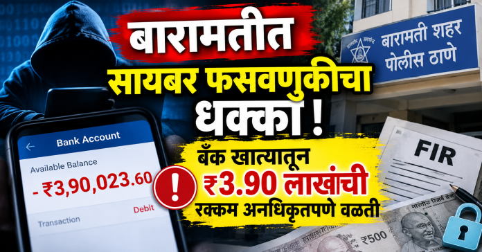 बारामतीत सायबर फसवणुकीचा धक्का; बँक खात्यातून ₹3.90 लाखांची रक्कम अनधिकृतपणे गायब